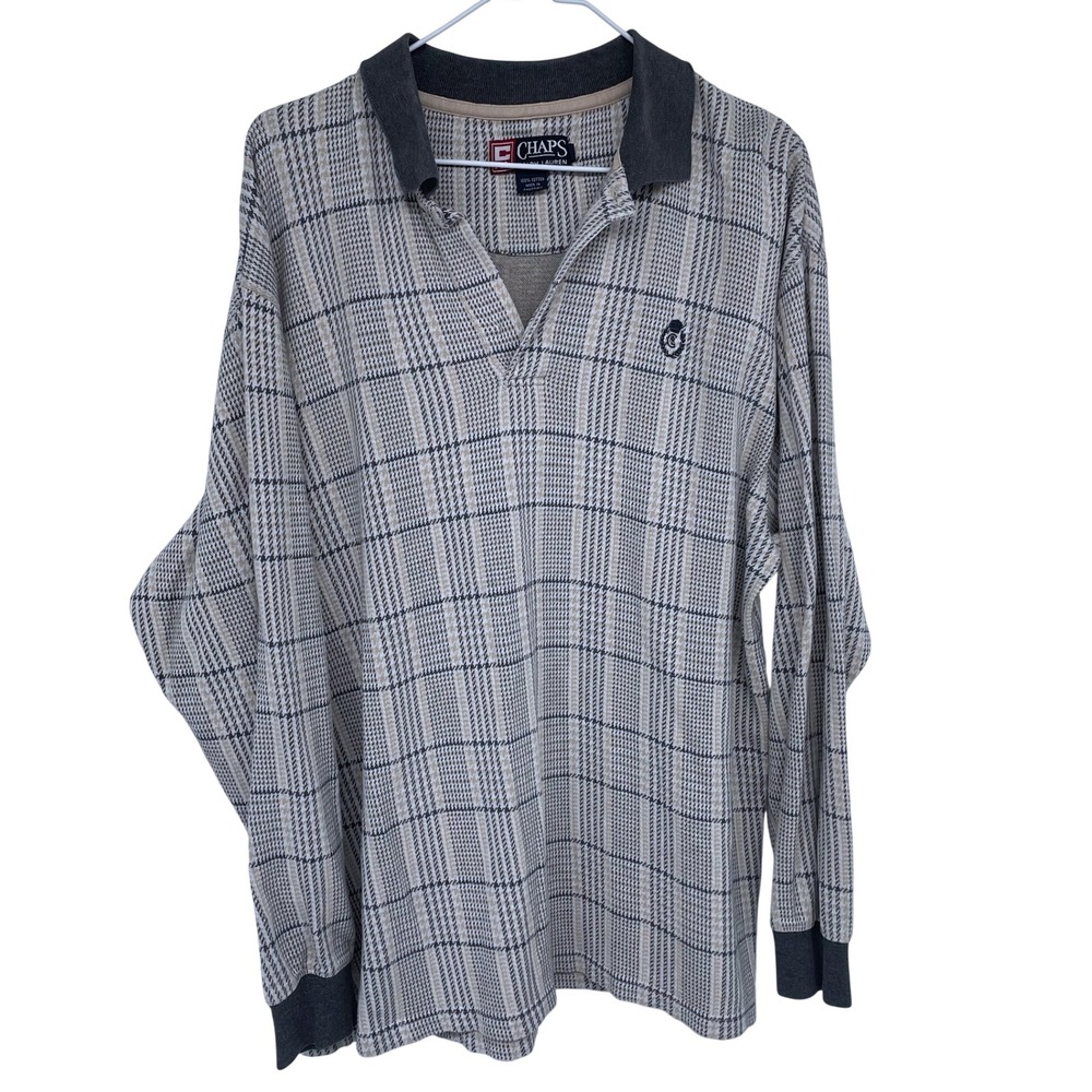 Vintage 90s Chaps Ralph Lauren Mens Plaid Long Sleeve Polo Shirt Large Cotton